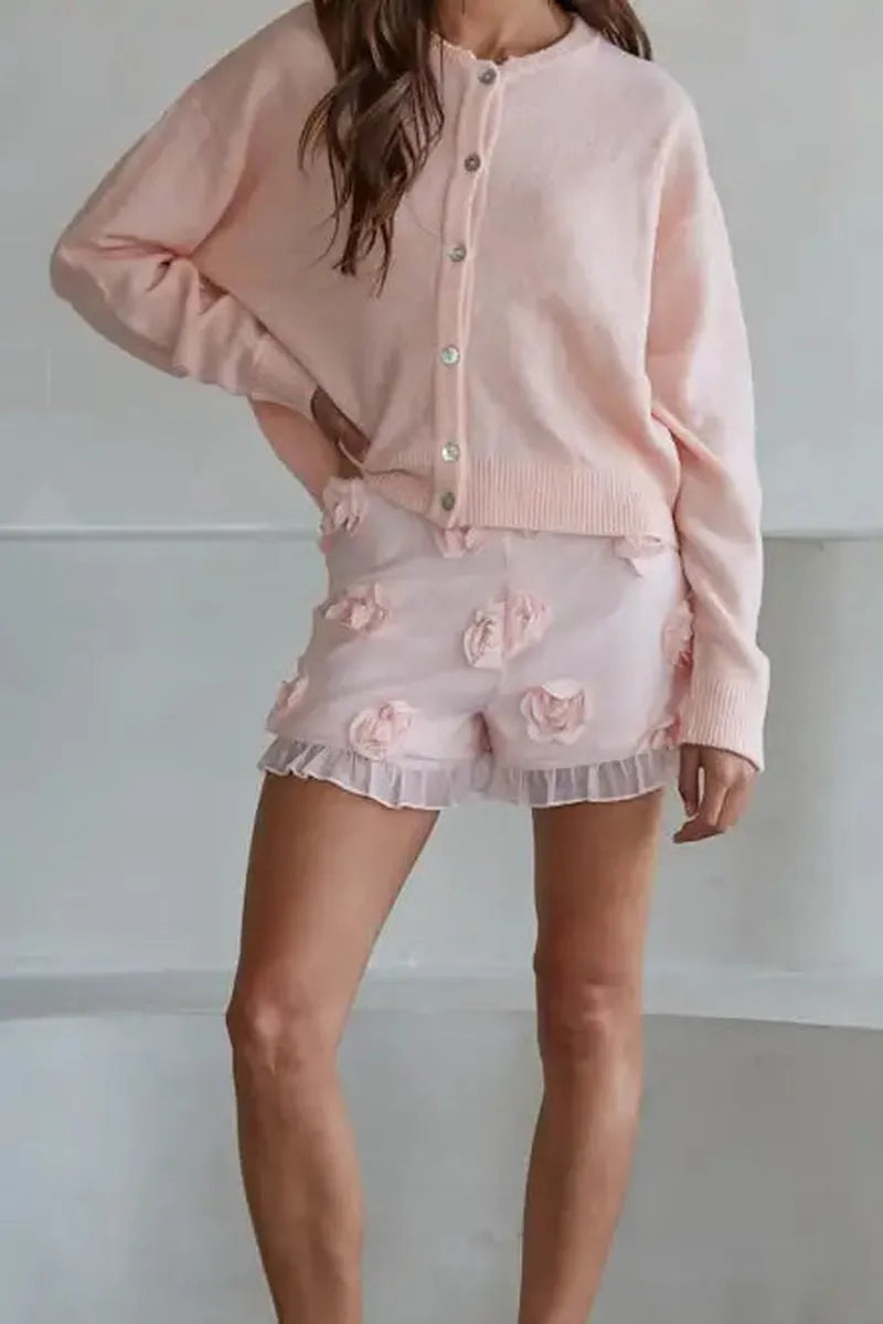 By Together - Knit Sweater Crew Neck Cardigan in Light Pink