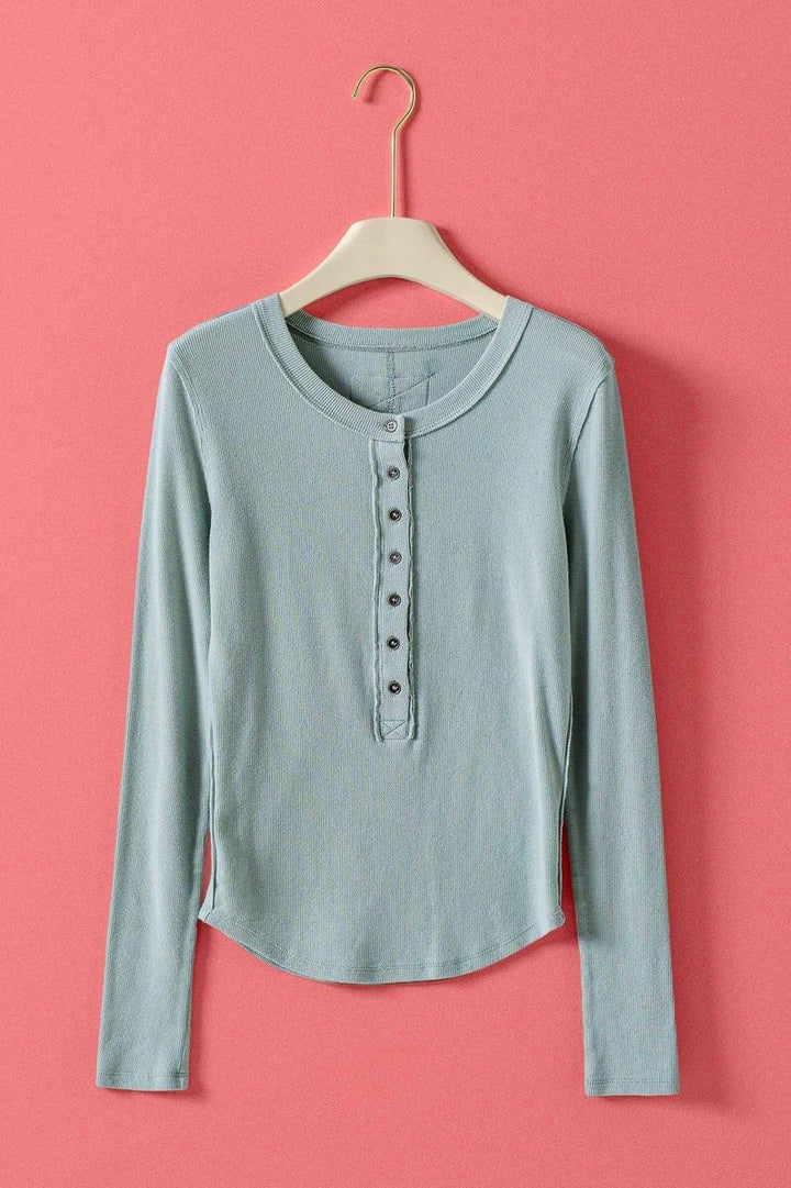 Urban Daizy - Ribbed Henley Long Sleeve Top