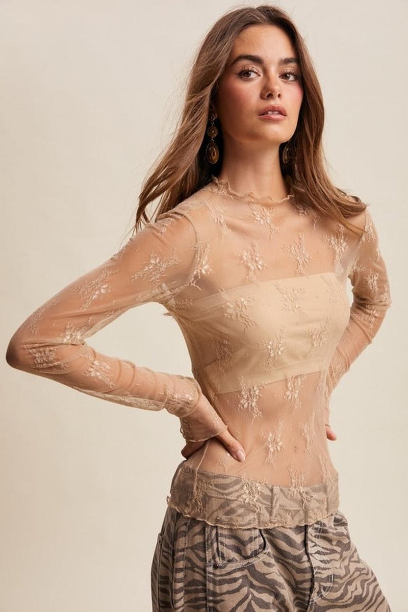 Listicle - Sheer Lace Long-Sleeve Top