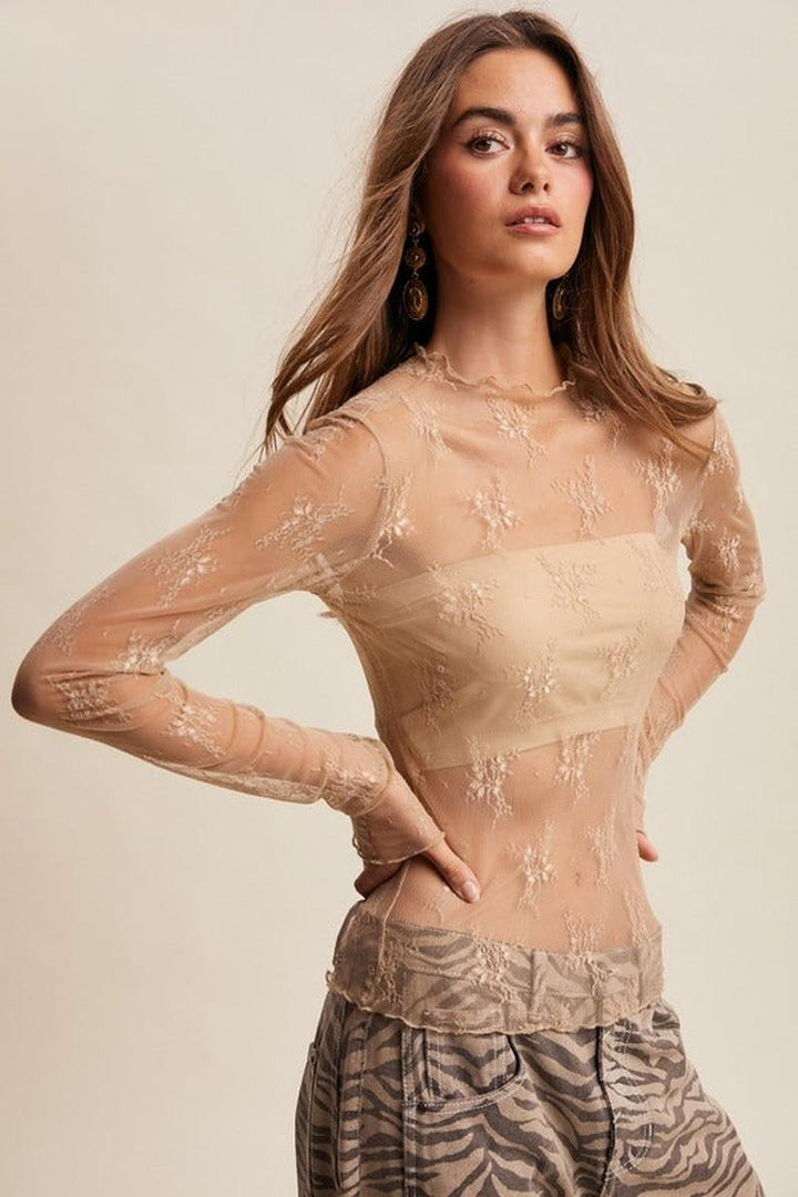 Listicle - Sheer Lace Long-Sleeve Top