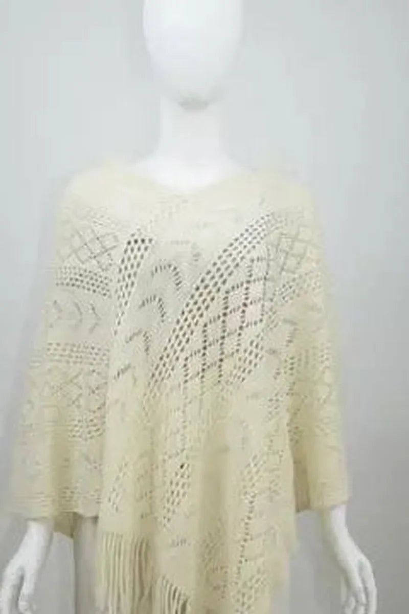 Leto Accessories - Women Hollow Knit Triangle Tassel Poncho Shawl