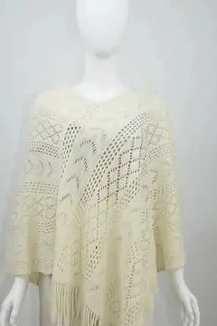 Leto Accessories - Women Hollow Knit Triangle Tassel Poncho Shawl