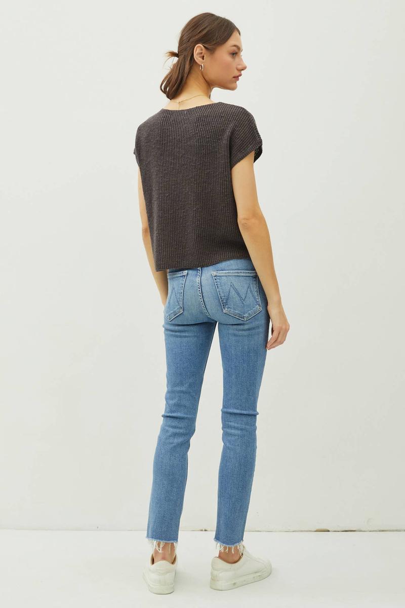 Be Cool - Patch Pocket Dolman Cap Sleeve Boxy Knit in Dark Charcoal