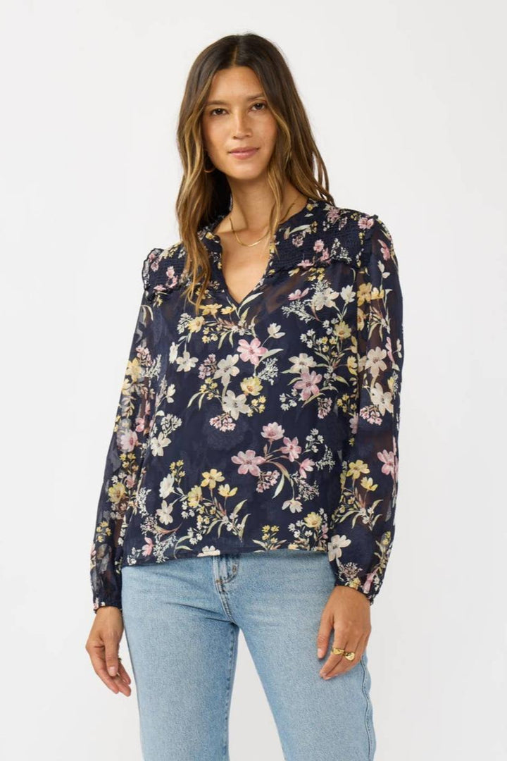 Lovestitch - Smocked Yoke Ruffle Blouse Navy Combo