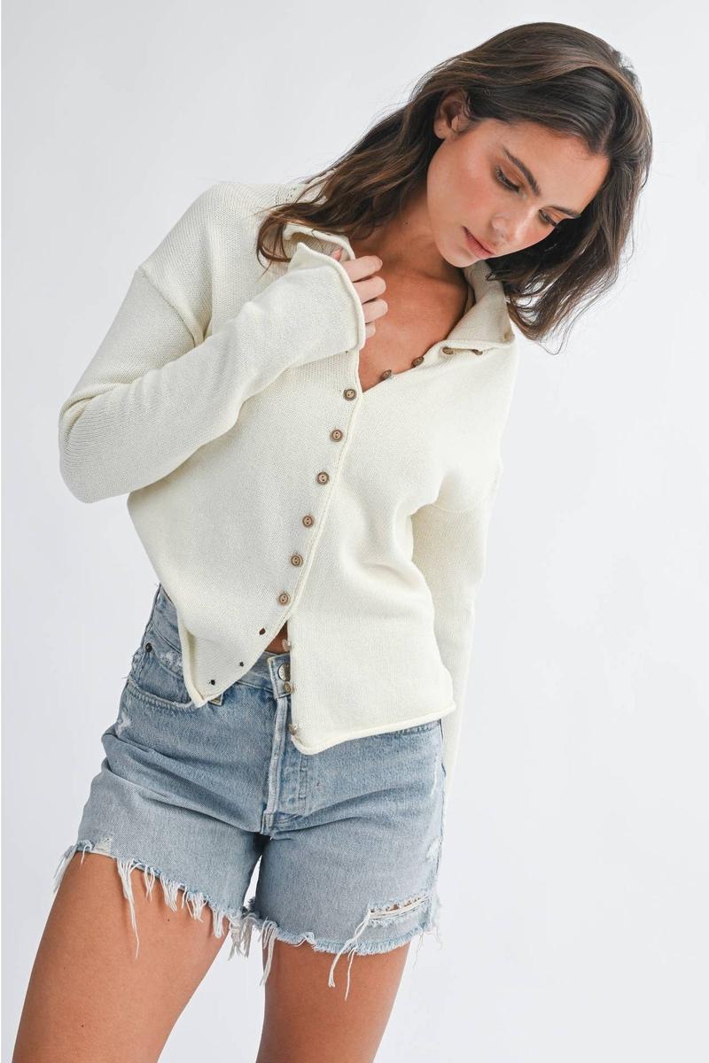 AEMI + CO - Button Front Cropped Knit Cardigan in Cream