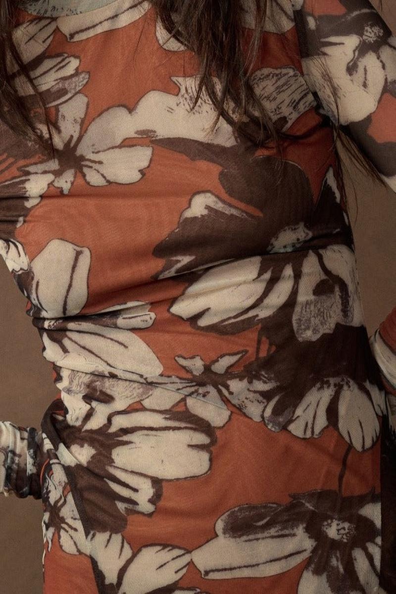 Promesa USA - Floral-Print Mesh Mock-Neck Thumbhole Maxi Dress
