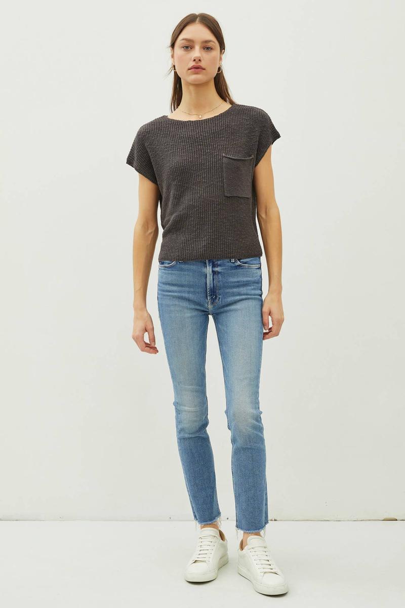 Be Cool - Patch Pocket Dolman Cap Sleeve Boxy Knit in Dark Charcoal
