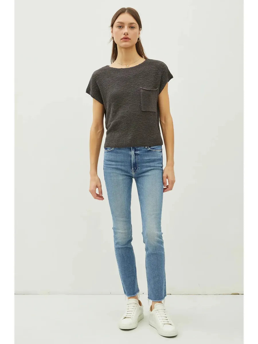 Be Cool - Patch Pocket Dolman Cap Sleeve Boxy Knit in Dark Charcoal