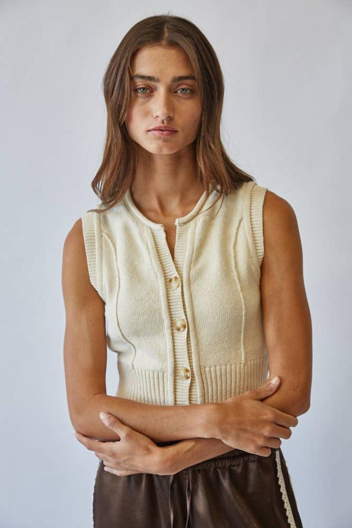 Creamon - Natural Roll Up Neck Sweater Vest Top