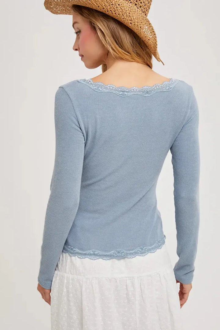 Bluivy - Button Down Lace Trimmed Knit Cardigan Top in Chambray