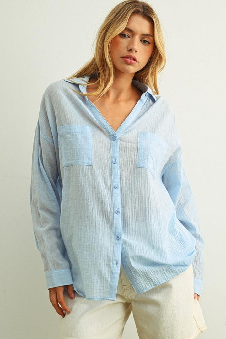 MIOU MUSE - Buttondown Basic Cotton Shirts in Sky Blue