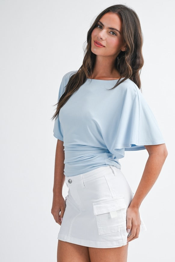 AEMI + CO - Draped Short Sleeve Back Tie Top