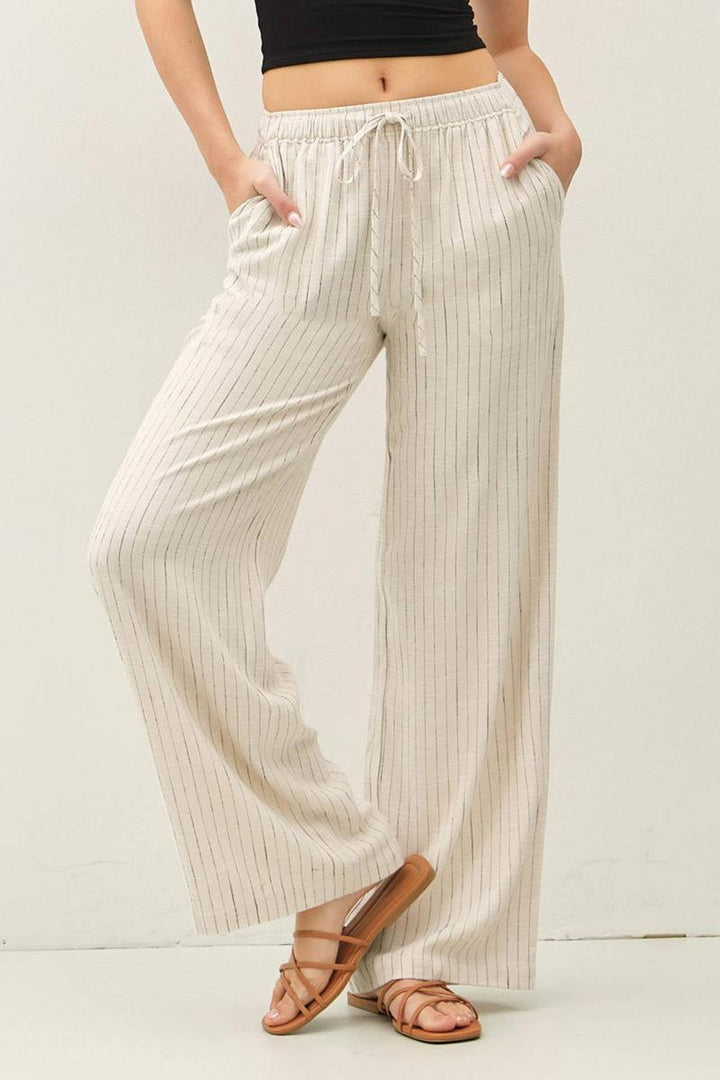 Be Cool - Linen Wide Leg Pants in Ecru Stripe
