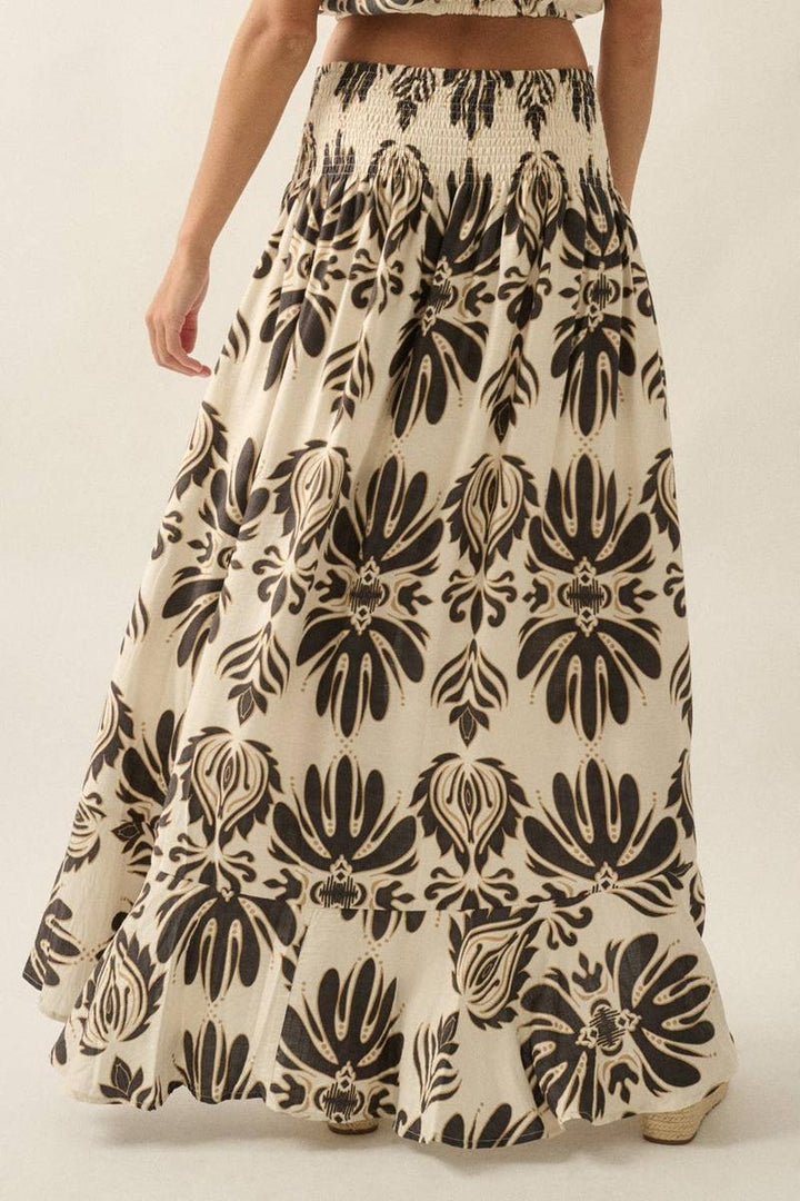 Promesa USA - Ornate Floral-Print Button-Front Drawstring Maxi Skirt