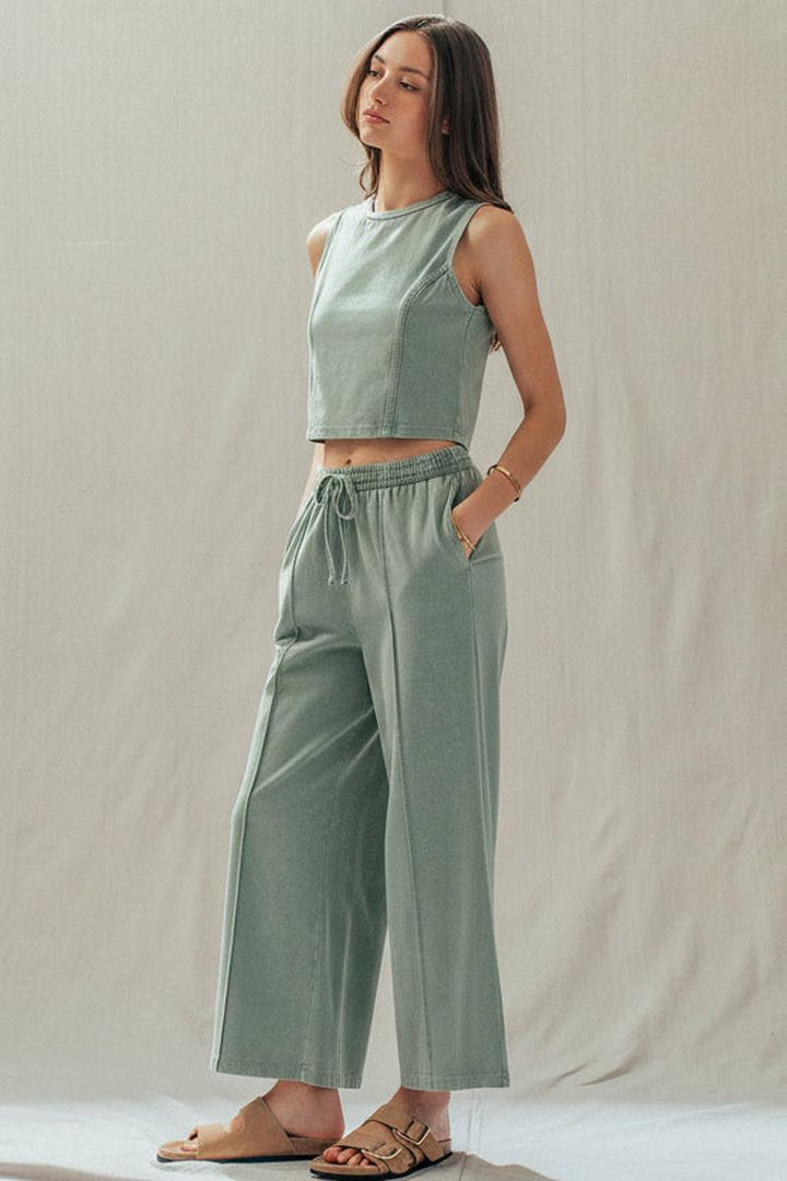 Urban Daizy - Mineral Wash Cotton Crop Tank & Wide Leg Pant Set in Sage Green