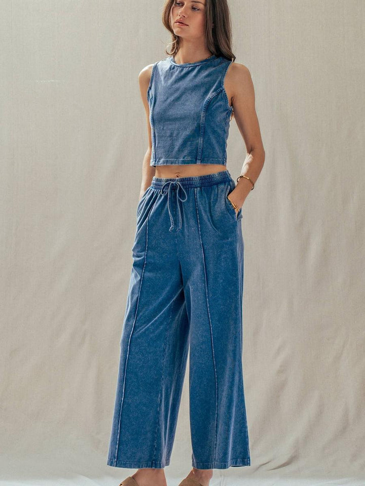 Urban Daizy - Mineral Wash Cotton Crop Tank & Wide Leg Pant Set in Navy