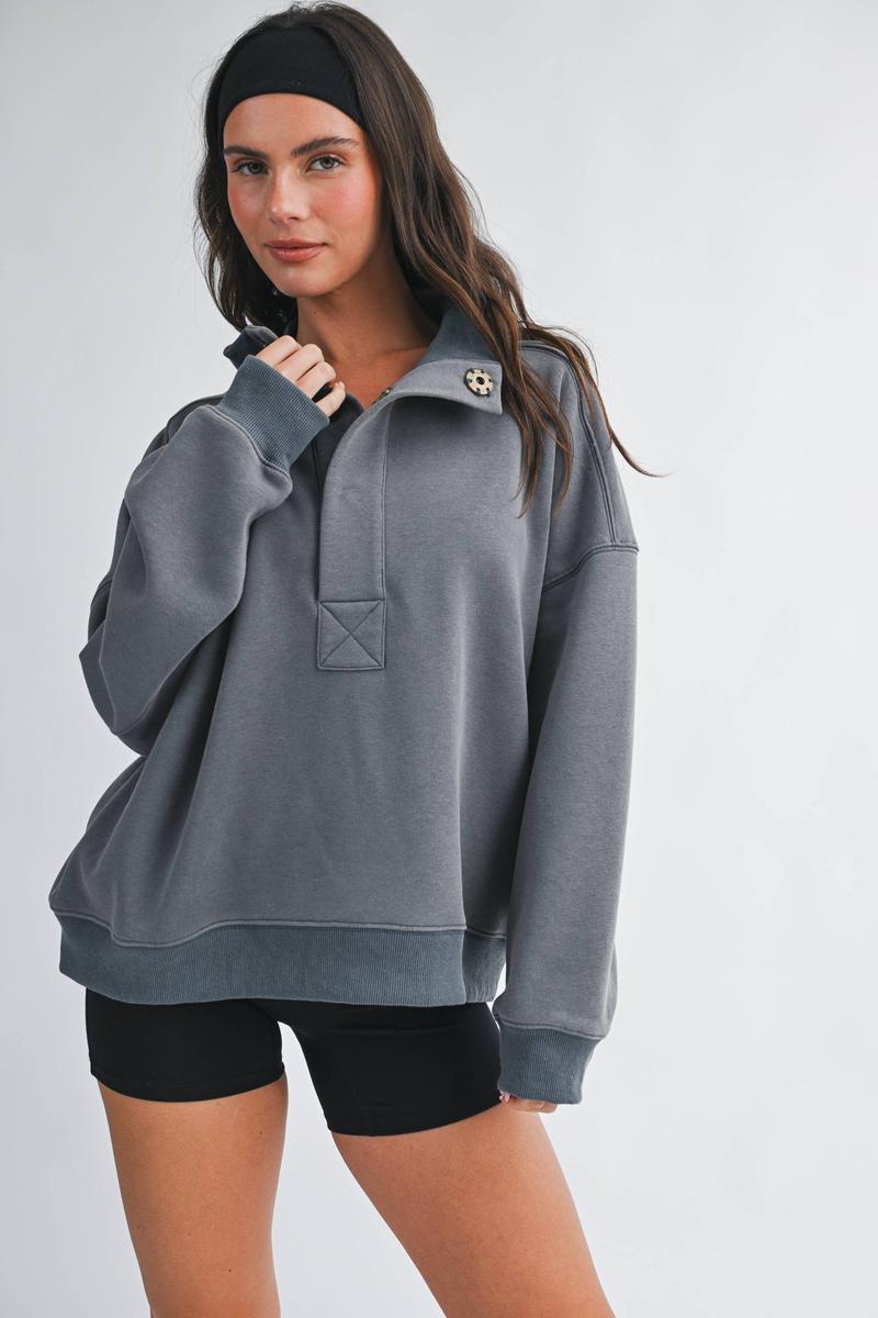 AEMI + CO - Oversized Snap Neck Pullover Sweatshirt in Charcoal