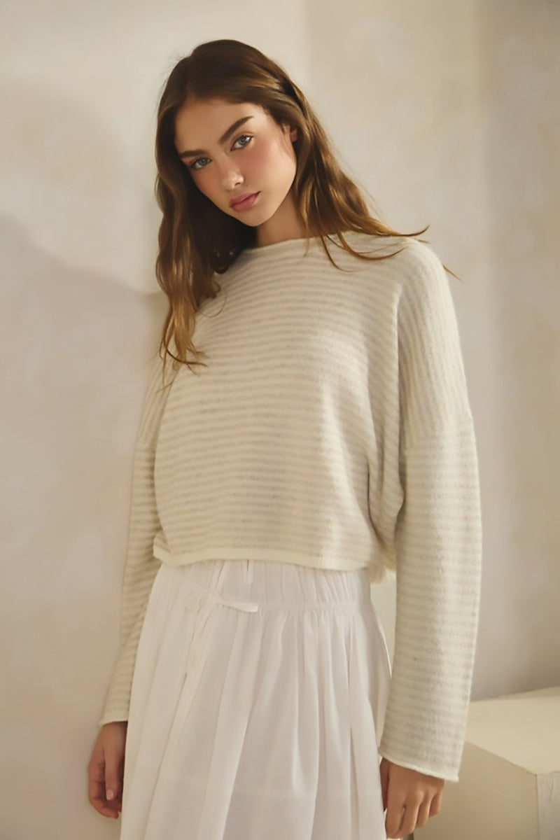 Creamon - Babe Striped Roll Up Neck Sweater