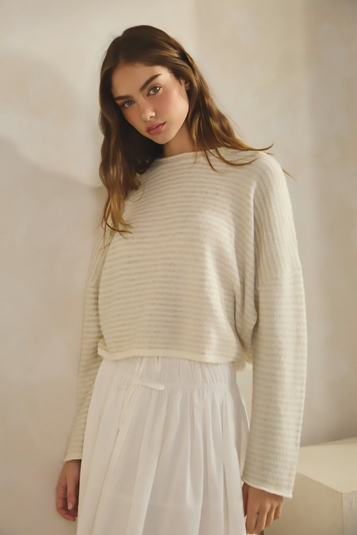 Creamon - Babe Striped Roll Up Neck Sweater