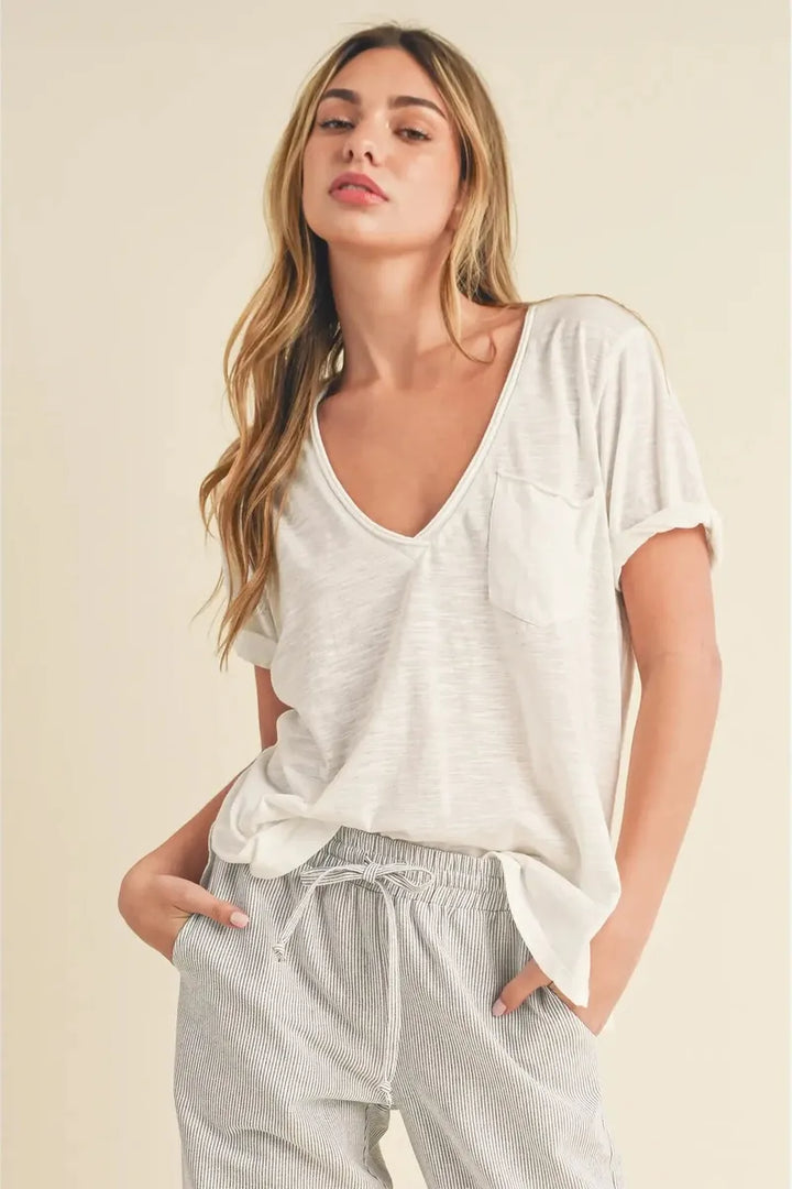AEMI+CO - Zoie V-Neck Short Sleeve Tee in White Contemporary