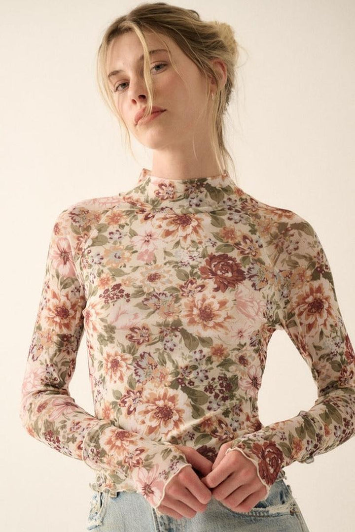 Promesa USA - Floral Mesh Lettuce-Edge Thumbhole High-Neck Top in Cream