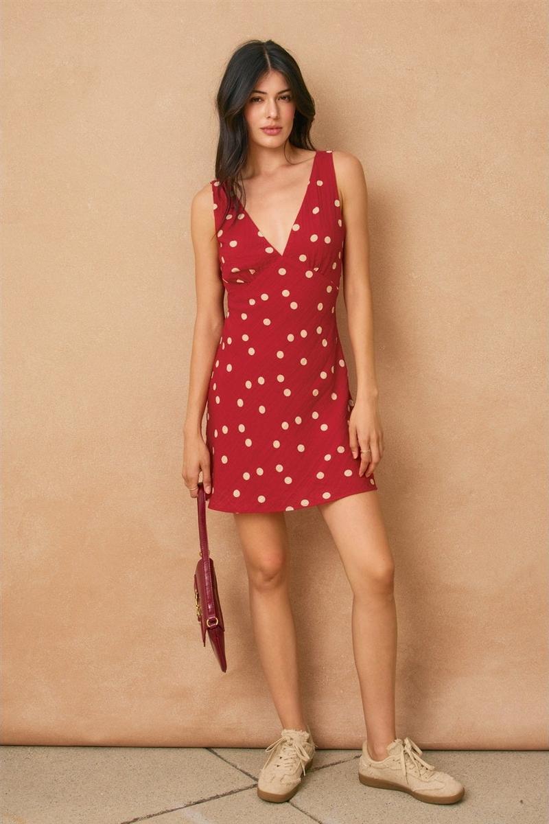 Dress Forum - Polka Dot V Neck Shirred Bust Mini Dress in Red/Ivory