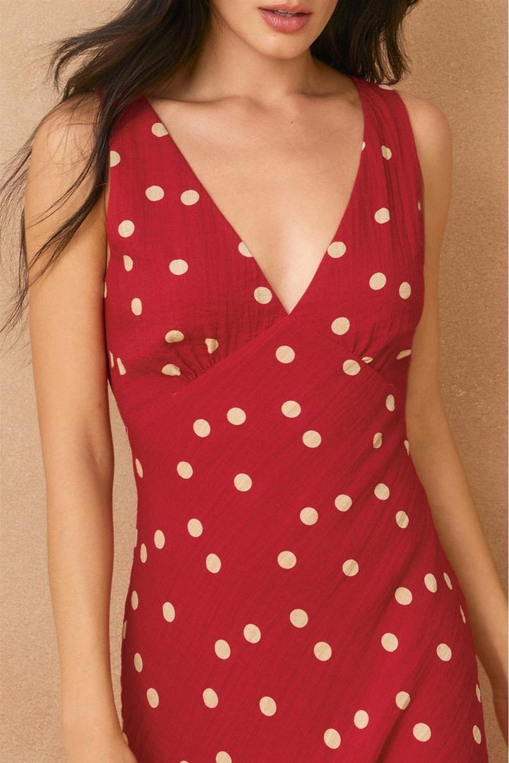 Dress Forum - Polka Dot V Neck Shirred Bust Mini Dress in Red/Ivory