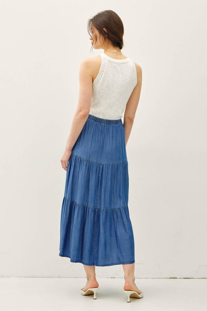 Be Cool - Denim Look Tencel Tiered Maxi Skirt in Medium Wash