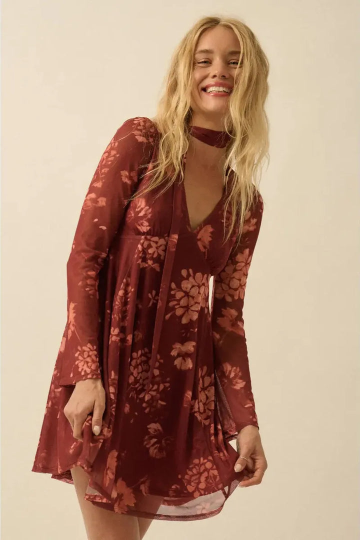 Promesa USA - Floral Mesh Bell-Sleeve Mini Dress with Scarf in Cinnamon