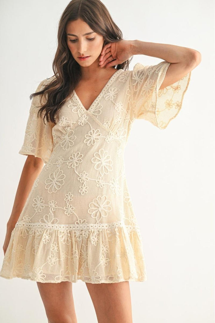 Camellia - Elegant Floral Lace Mini Dress in Cream