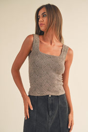 Miou Muse - Washed Look Detail Textured Knitted Top in Mocha