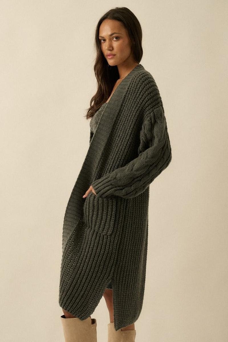 Promesa USA - Solid Rib Knit Open Front Cable Knit Cardigan in Charcoal