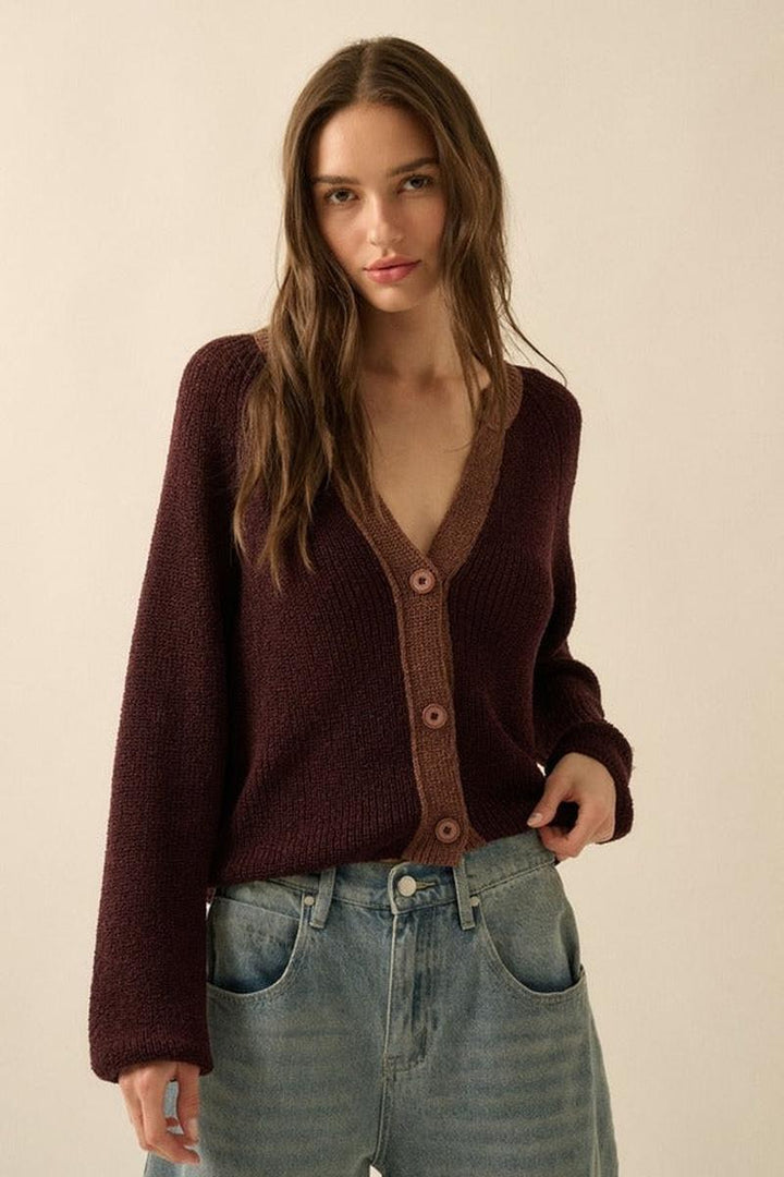 Promesa USA - Ribbed Knit Contrast Cardigan Sweater in Burgundy