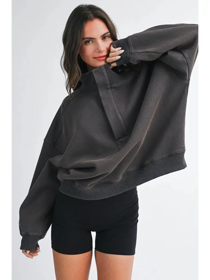 AEMI + CO - Oversized Snap Neck Pullover Sweatshirt in Granite