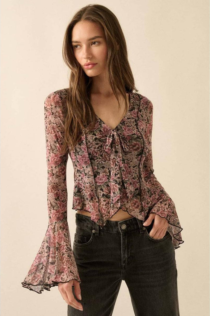 Promesa USA - Floral-Print Mesh Tie-Neck Bell-Sleeve Top in Black