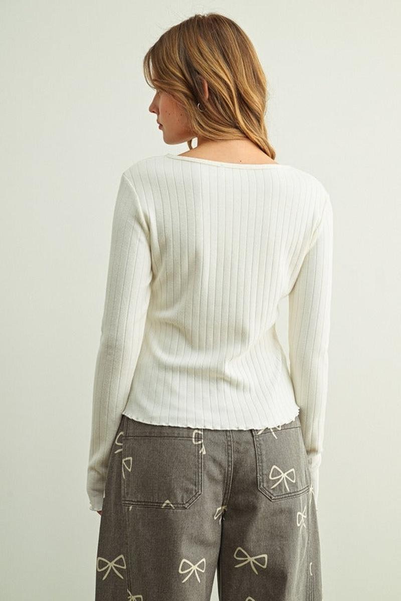 MIOU MUSE - Button Front Ribbed Long Sleeve Knitted Top in Cream