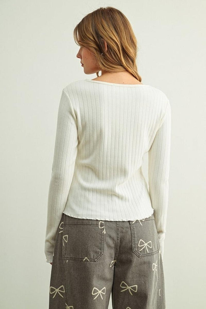 MIOU MUSE - Button Front Ribbed Long Sleeve Knitted Top in Cream