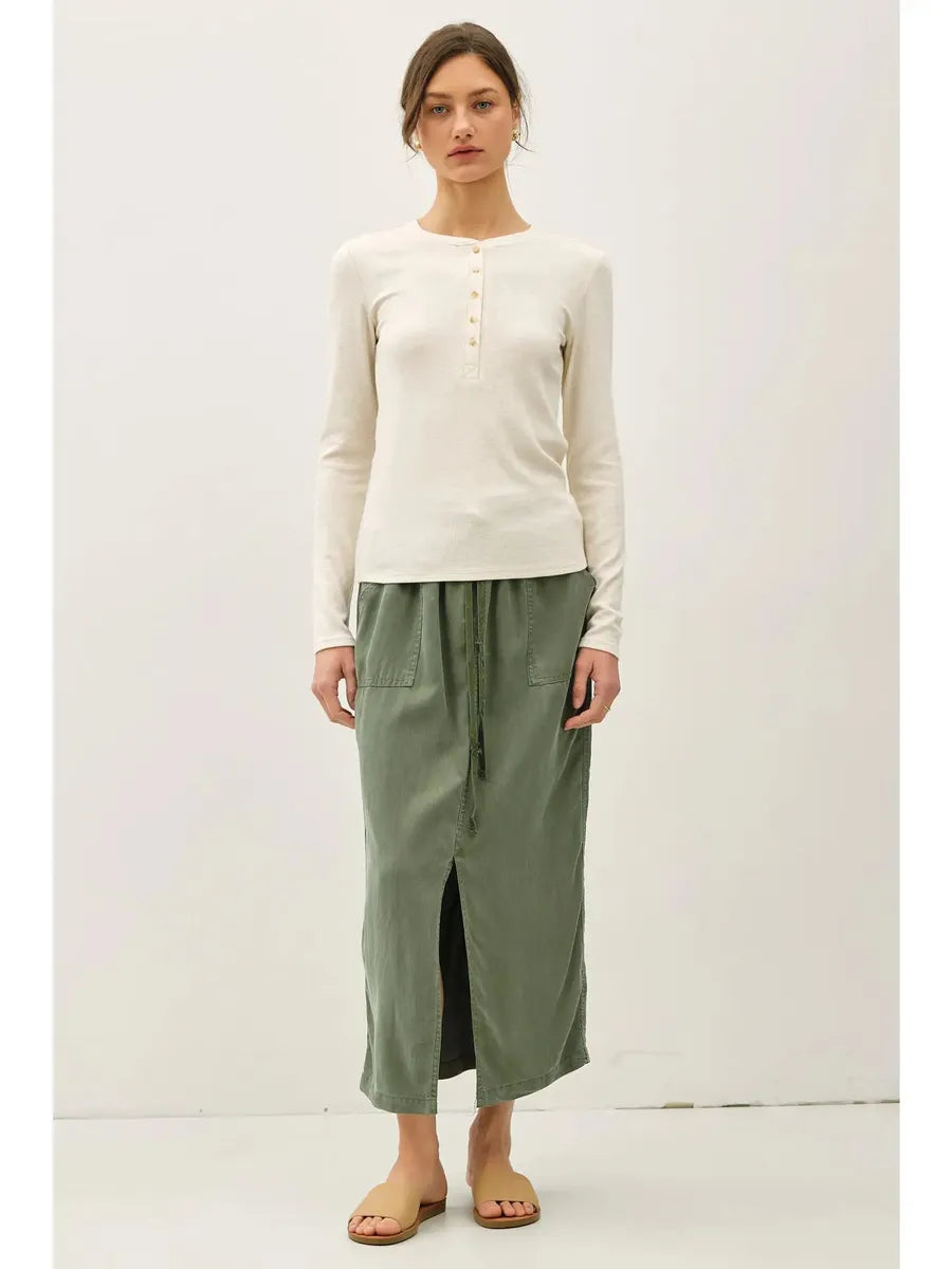 Be Cool - Modal Classic Ribbed Longsleeve Henley Basic Top in Oatmeal