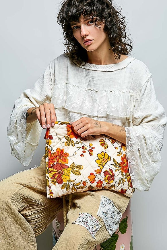 Pol Clothing - Diamond Stitched Detail Print Quilted Tassel Pouch