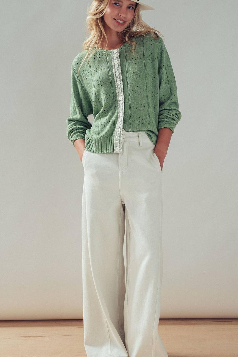 Urban Daizy - Pointelle Knit Cardigan Lace Trim Button Down in Green
