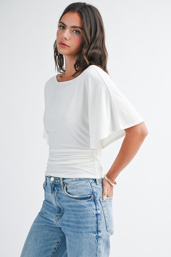 AEMI + CO - Draped Short Sleeve Back Tie Top