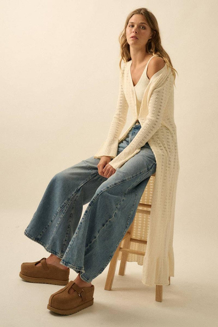 Promesa USA - Pointelle Rib-Knit Trumpet-Sleeve Duster Cardigan in Cream