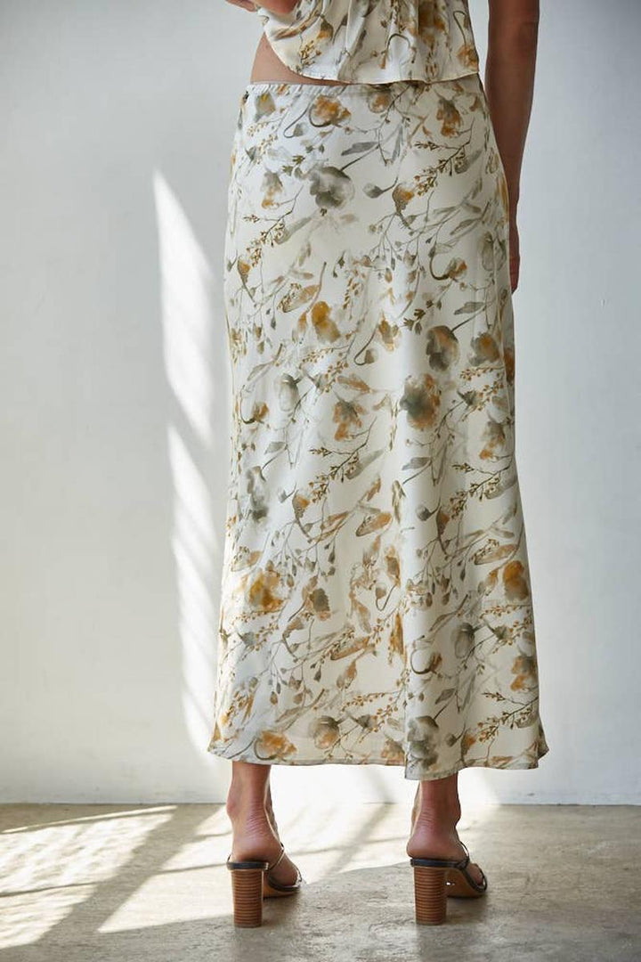 By Together - Woven Polyester Floral Print Midi Skirt in Cream