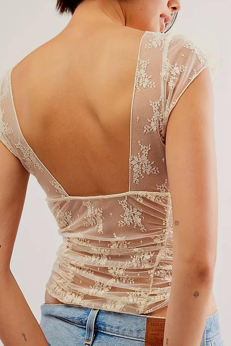 EmberLoom - V-Neck Delicate Floral Lace Top in Beige