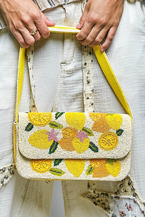 Pol Clothing - Beaded Lemon Pattern Flap Shoulder Bag