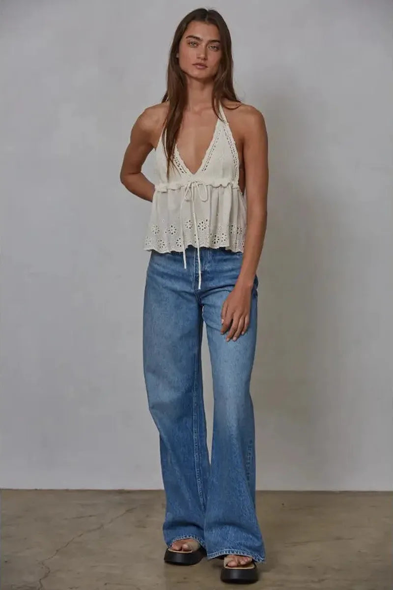 By Together - Knit Cotton Eyelet Halter Plunge V-Neck Top in Cream