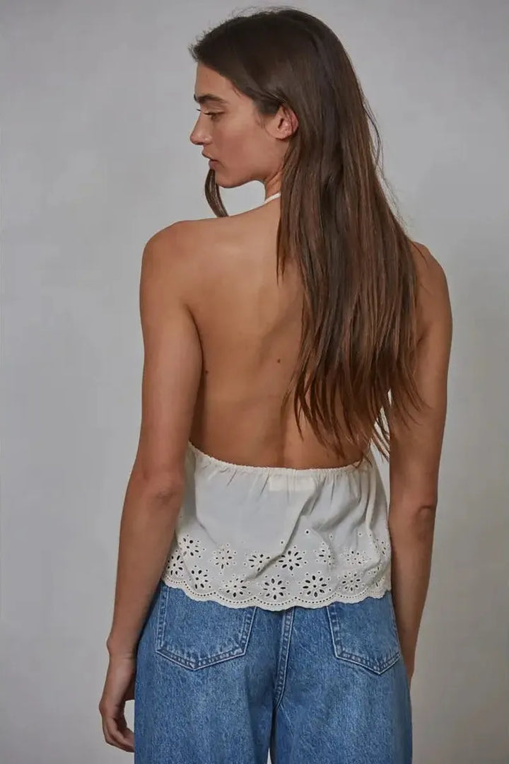 By Together - Knit Cotton Eyelet Halter Plunge V-Neck Top in Cream