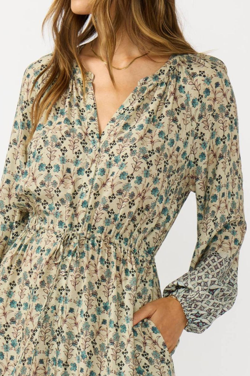 Lovestitch - Border Print Button Down Midi Dress in Dusty Teal