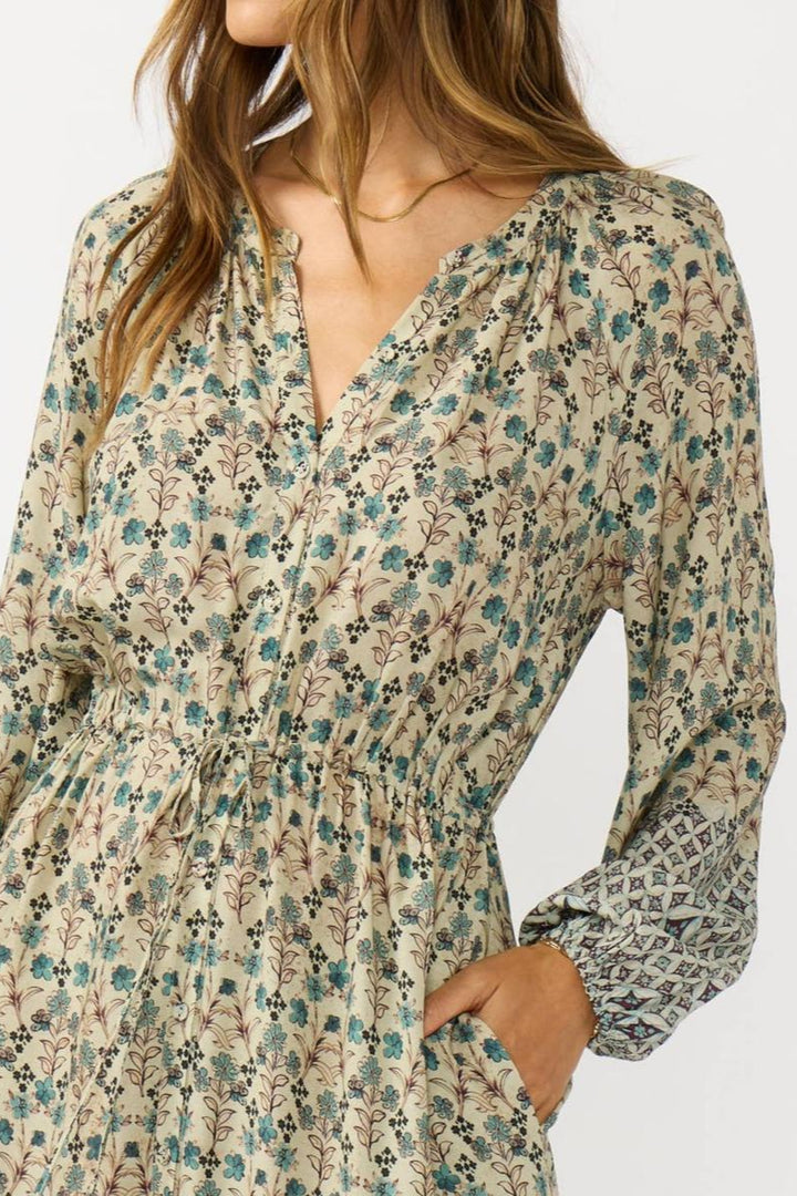Lovestitch - Border Print Button Down Midi Dress in Dusty Teal