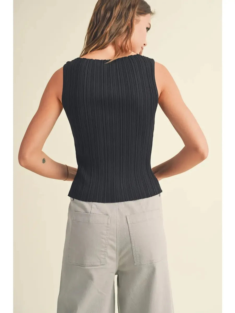 Miou Muse - Viscose Ribbed Knitted Top in Black